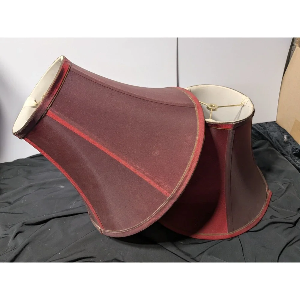 Vintage Pair of Burgundy Red Fabric Lamp Shades Bell‎ Shape Brass Spider Fitter